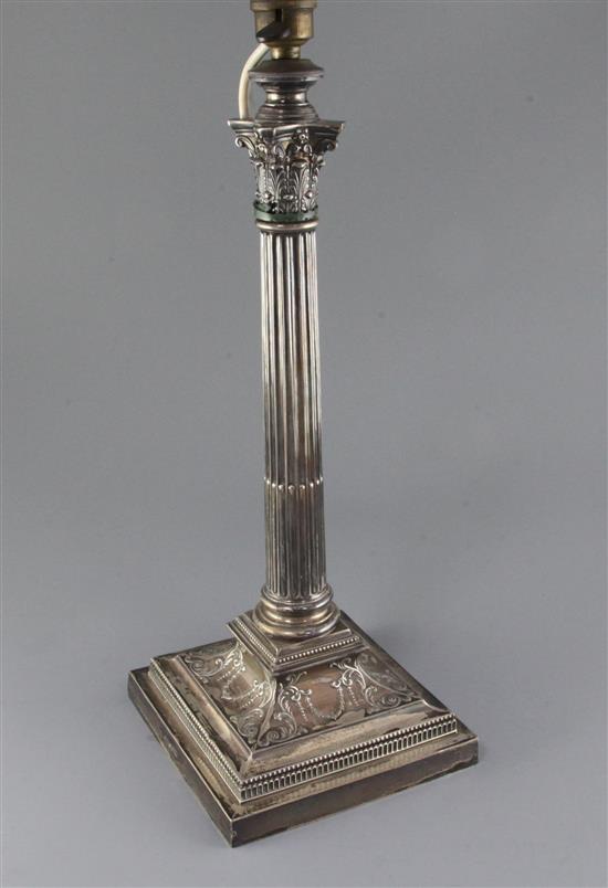 A late Victorian silver corinthian column table lamp by James Dixon & Sons, overall height 20.25in.